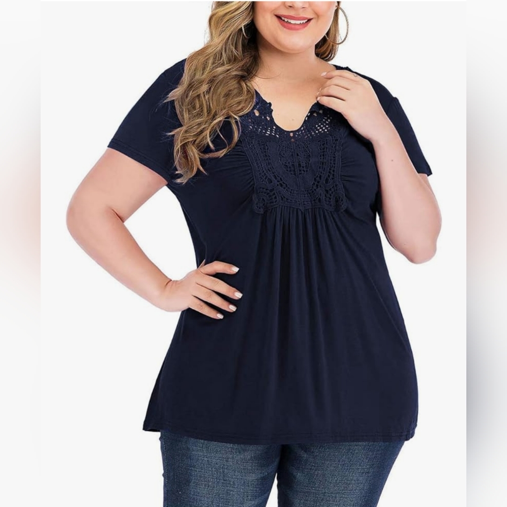 YASAKO Embroidered V-Neck Flowy Swing Blouse Navy Blue Size 3XL